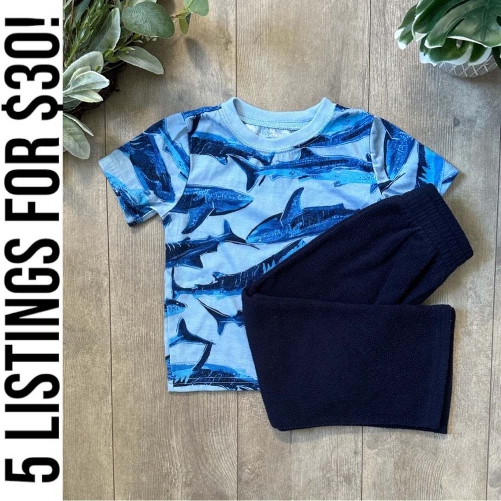 Toddler Boy Clothes Outfit Blue Shark T-Shirt + Fleece Pants Set Carters & Place